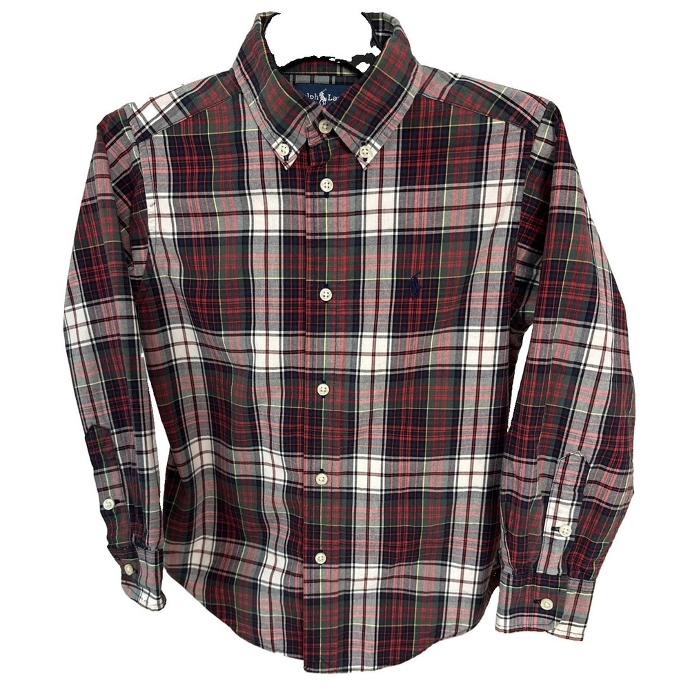 Ralph Lauren Shirt Kids Boys Sz 6 Tartan Plaid Red Green White Cotton